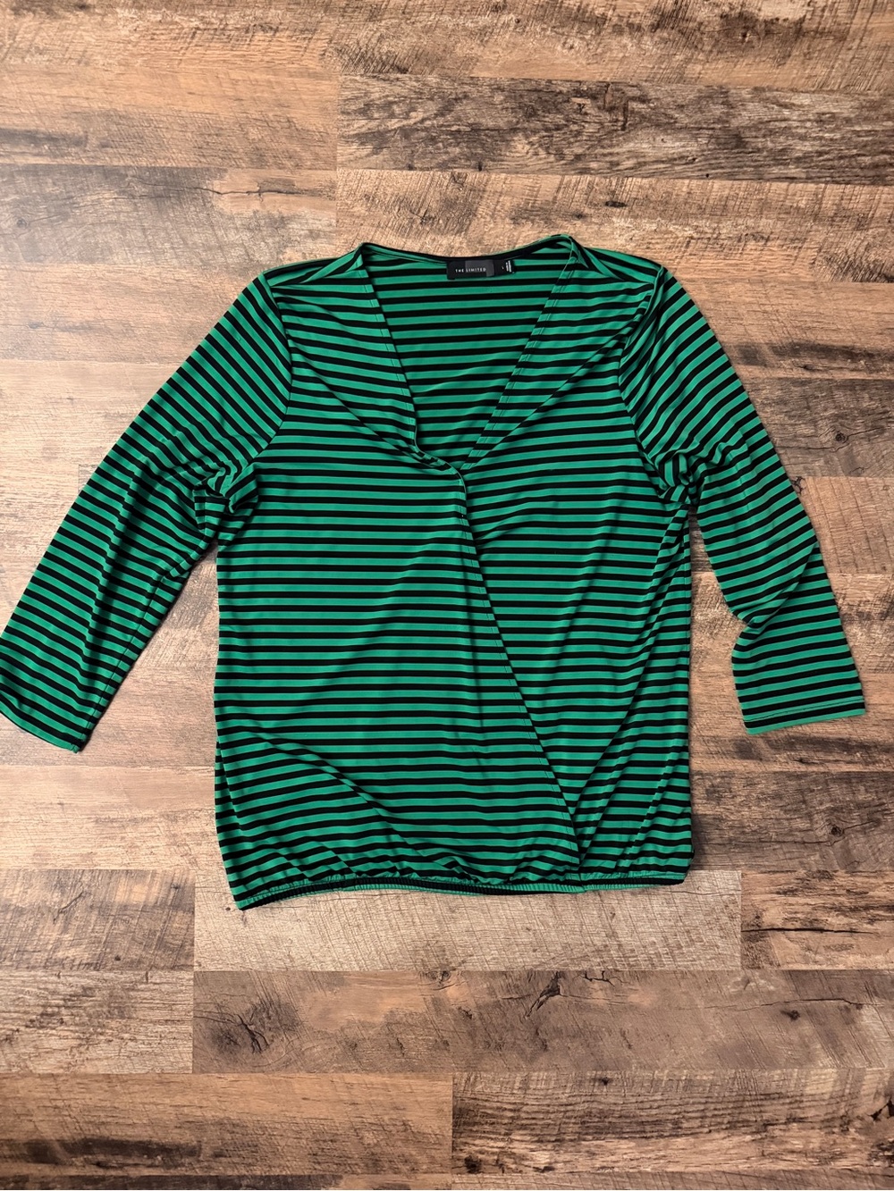 The Limited Green & Black Striped Wrap-Front 3/4 Sleeve Top